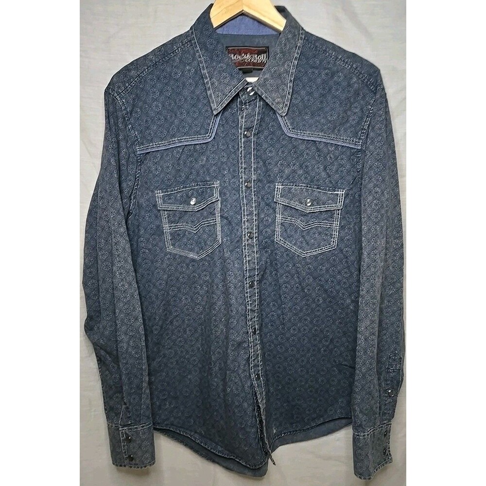 Rock & Roll Cowboy Western Shirt, Pearl Snap, Sz Large, Geometric Denim Blue